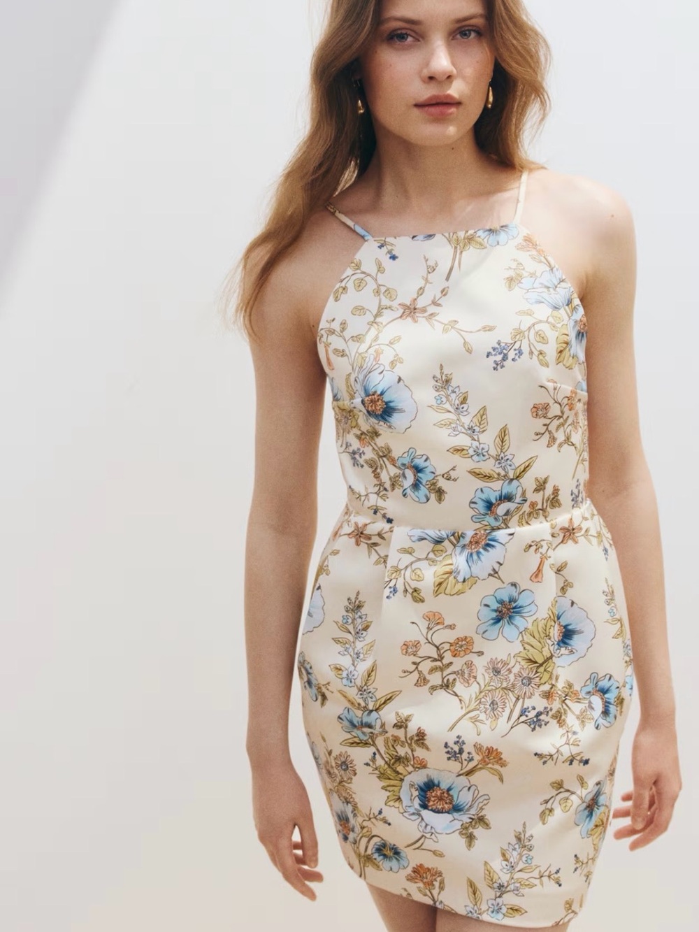 H&M Cream Floral Halter Mini Dress with Blue Accents size S